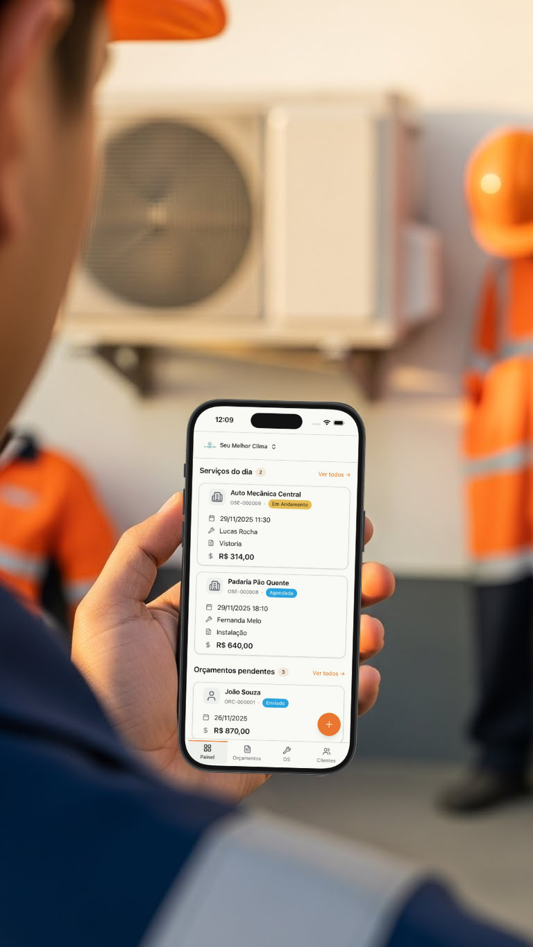 App Gestione Facil mostrando orçamento profissional de ar-condicionado no celular de um técnico